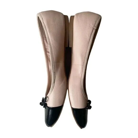 Saks Fifth Avenue Inez Leather Balllet Blush Pink Black Bow Flats Cap Toe Sz 10 - Picture 8 of 16